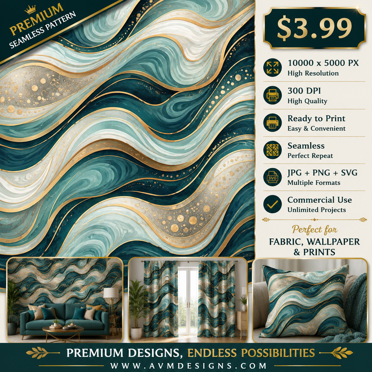 Luxury Teal Green Gold Marble Agate Seamless Pattern Abstract Fluid Wave Texture for Wallpaper and Prints