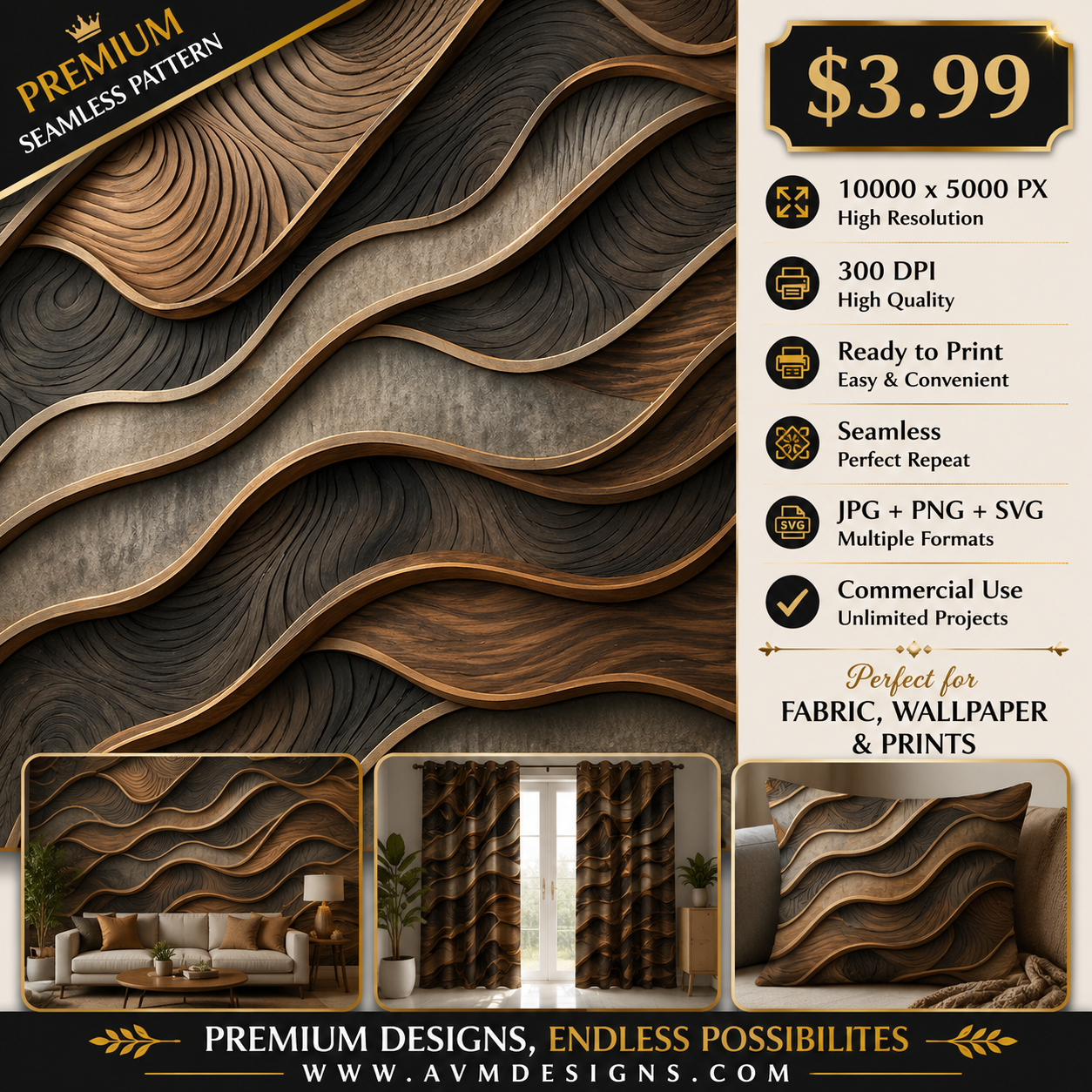 Modern Wood Grain Wave Seamless Pattern Abstract 3D Wall Panel Texture for Wallpaper and Prints