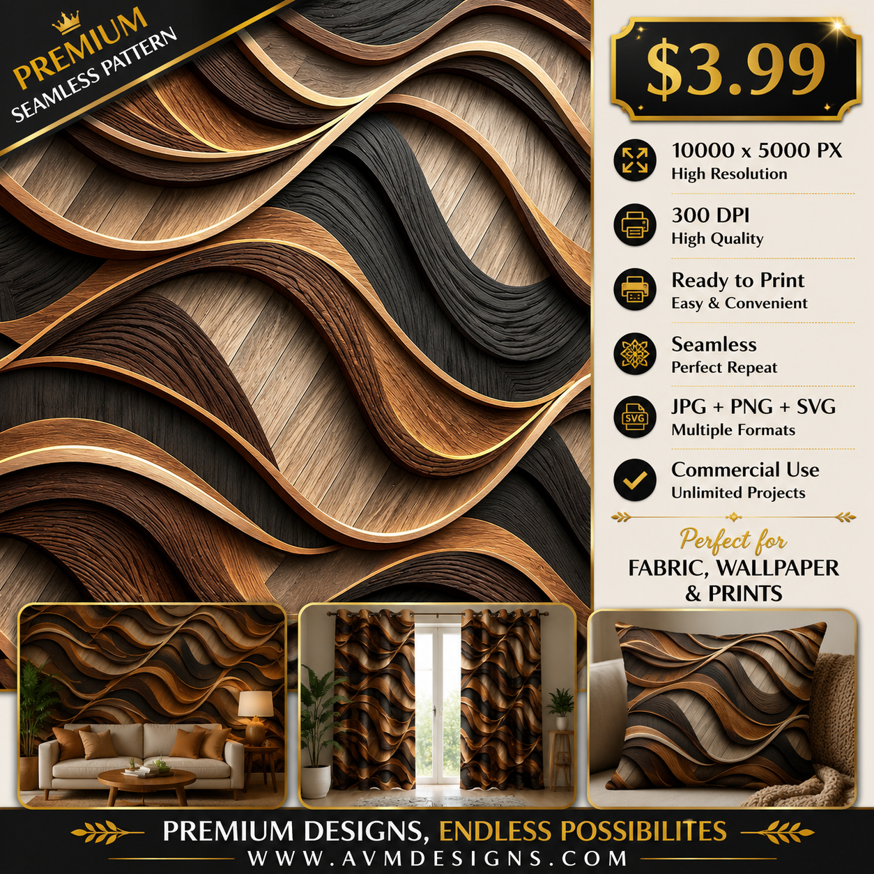 Luxury 3D Wood Grain Wave Seamless Pattern Abstract Layered Wall Panel Texture for Wallpaper and Prints