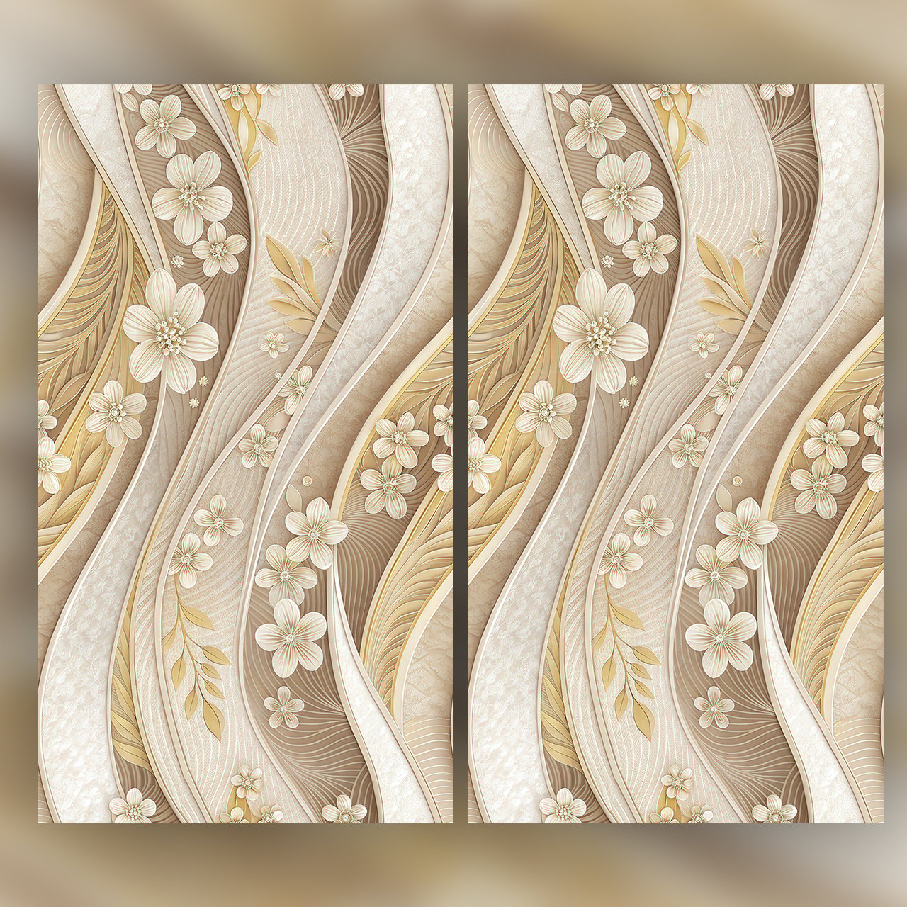 Luxury Cream Gold Floral Wave Seamless Pattern Elegant 3D Abstract Wallpaper Texture for Fabric and Prints