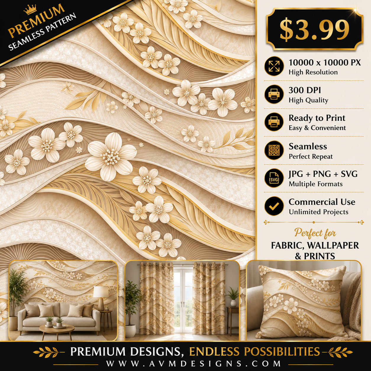 Luxury Cream Gold Floral Wave Seamless Pattern Elegant 3D Abstract Wallpaper Texture for Fabric and Prints