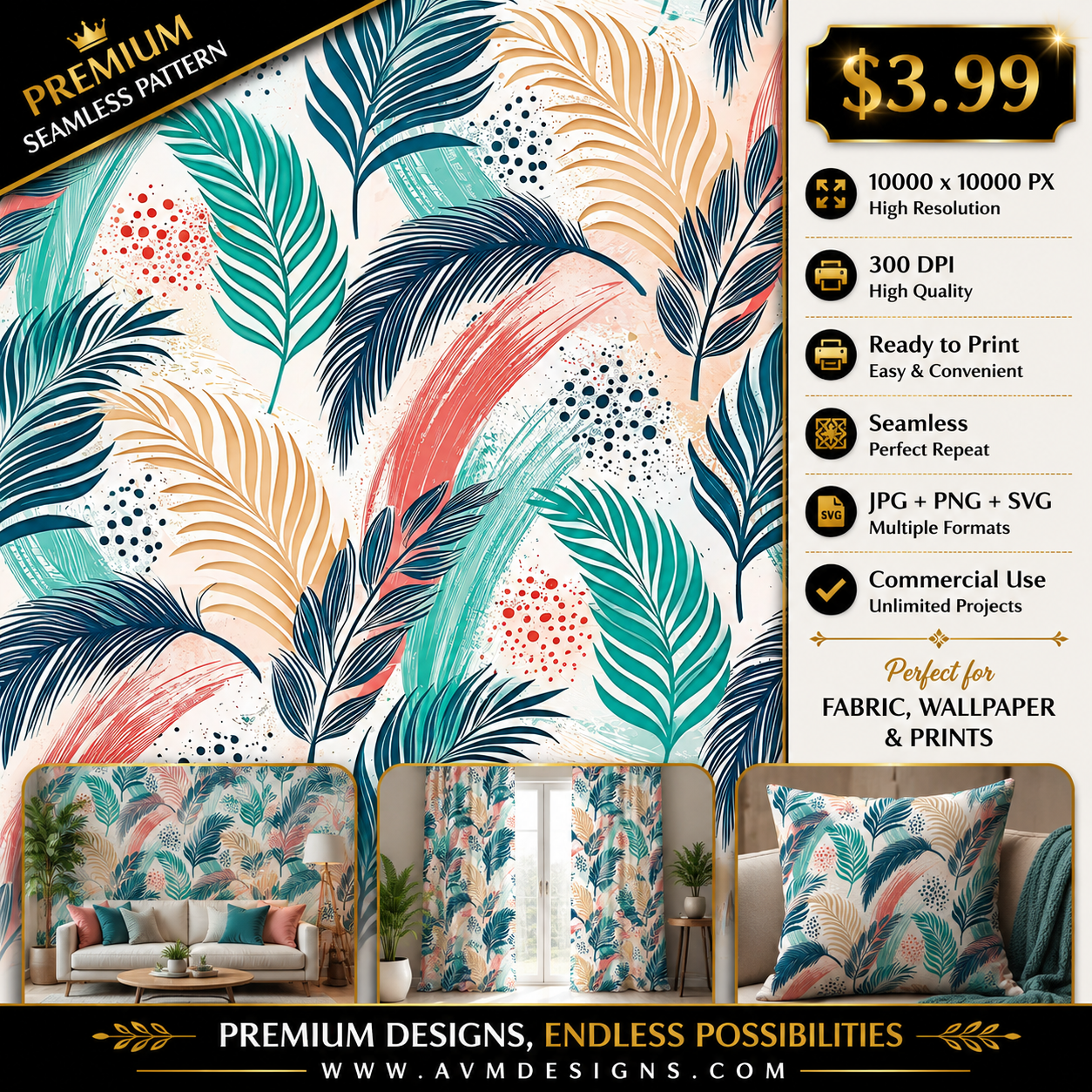 Tropical Palm Leaf Seamless Pattern Teal Coral Beige Botanical Wallpaper Texture for Fabric and Prints