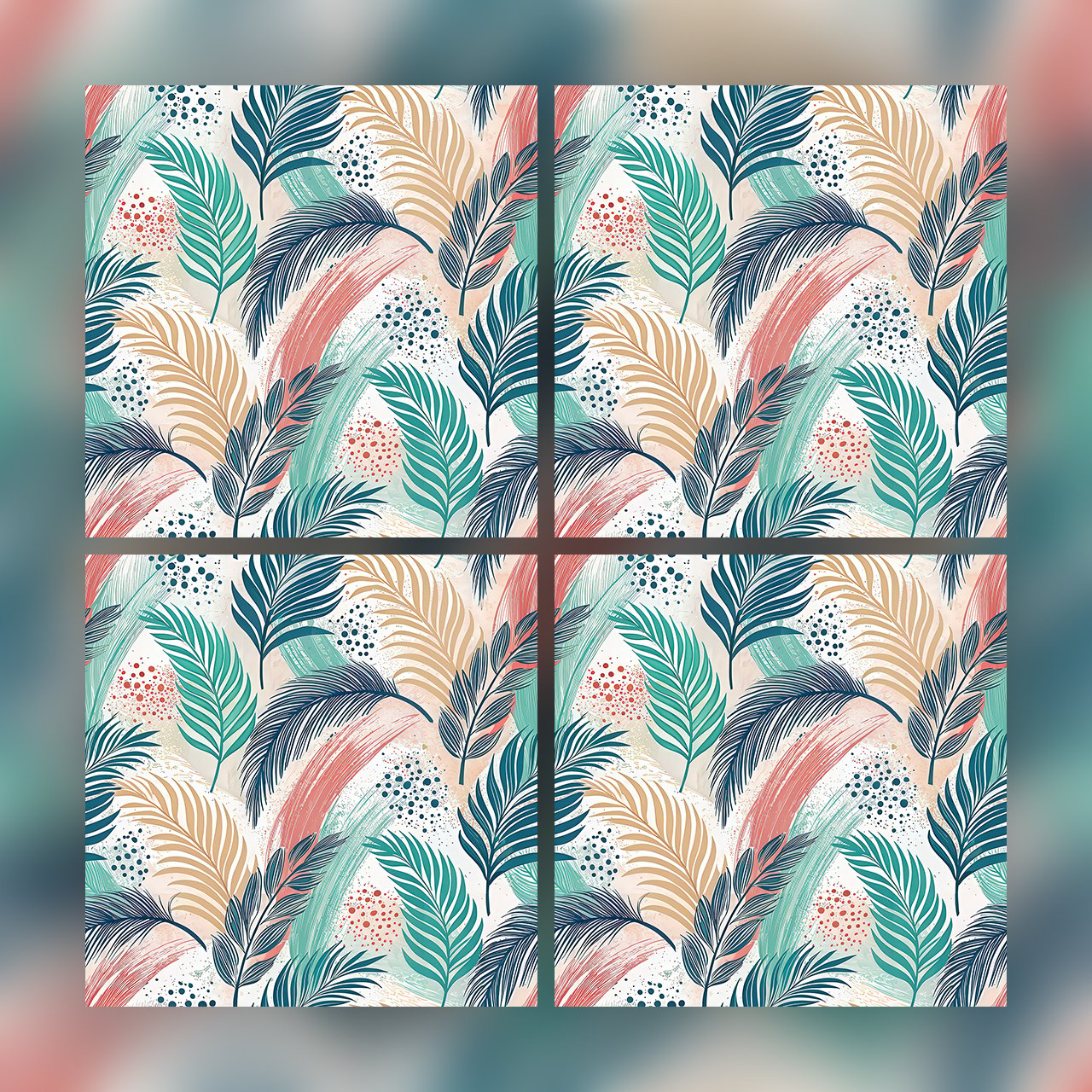 Tropical Palm Leaf Seamless Pattern Teal Coral Beige Botanical Wallpaper Texture for Fabric and Prints