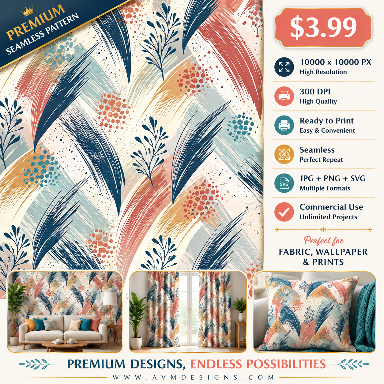 Modern Tropical Palm Leaf Seamless Pattern Abstract Teal Coral Beige Botanical Wallpaper Texture for Fabric and Prints