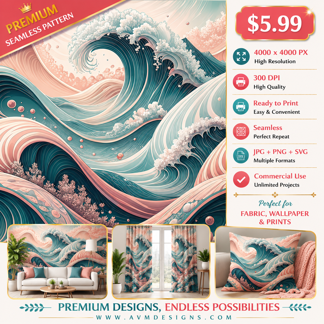 Ocean Wave Seamless Pattern, Teal Coral Coastal Wallpaper Design, Premium Digital Print for Fabric, Wallpaper, Home Decor, JPG PNG SVG