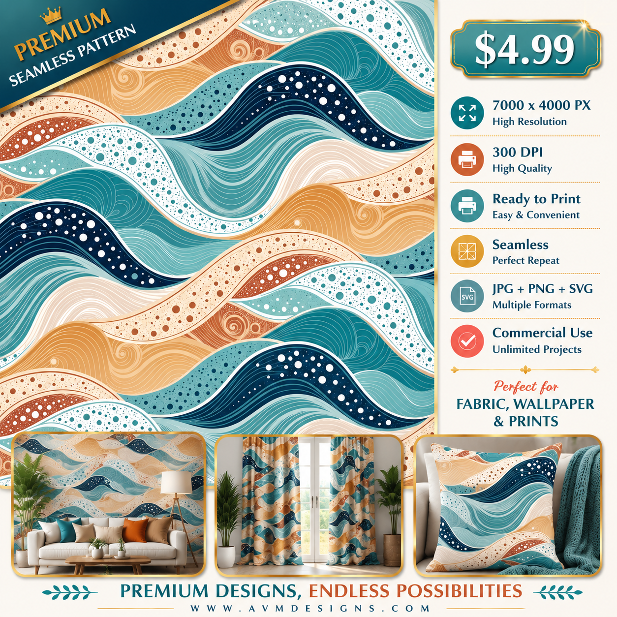 Ocean Wave Seamless Pattern Teal Coral Abstract Sea Wallpaper Texture for Fabric and Prints