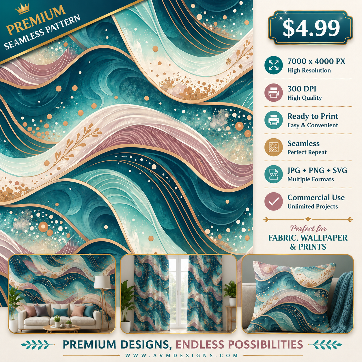 Teal Ocean Wave Seamless Pattern Abstract Coastal Wallpaper Texture for Fabric and Prints