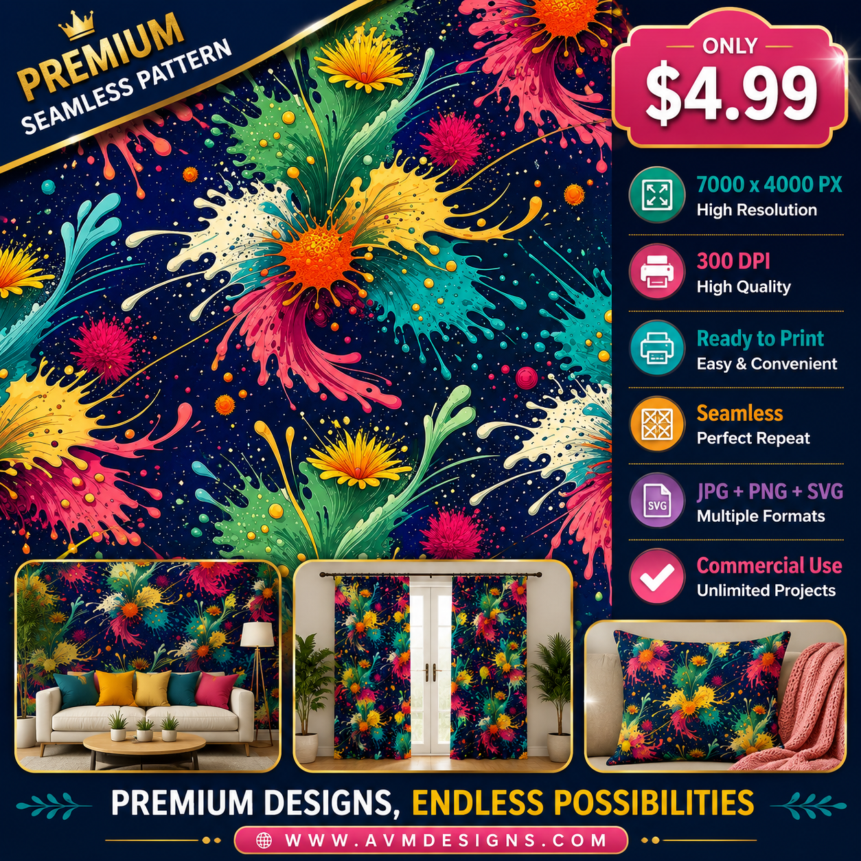 Colorful Paint Splash Floral Seamless Pattern Abstract Flower Wallpaper Texture for Fabric and Prints