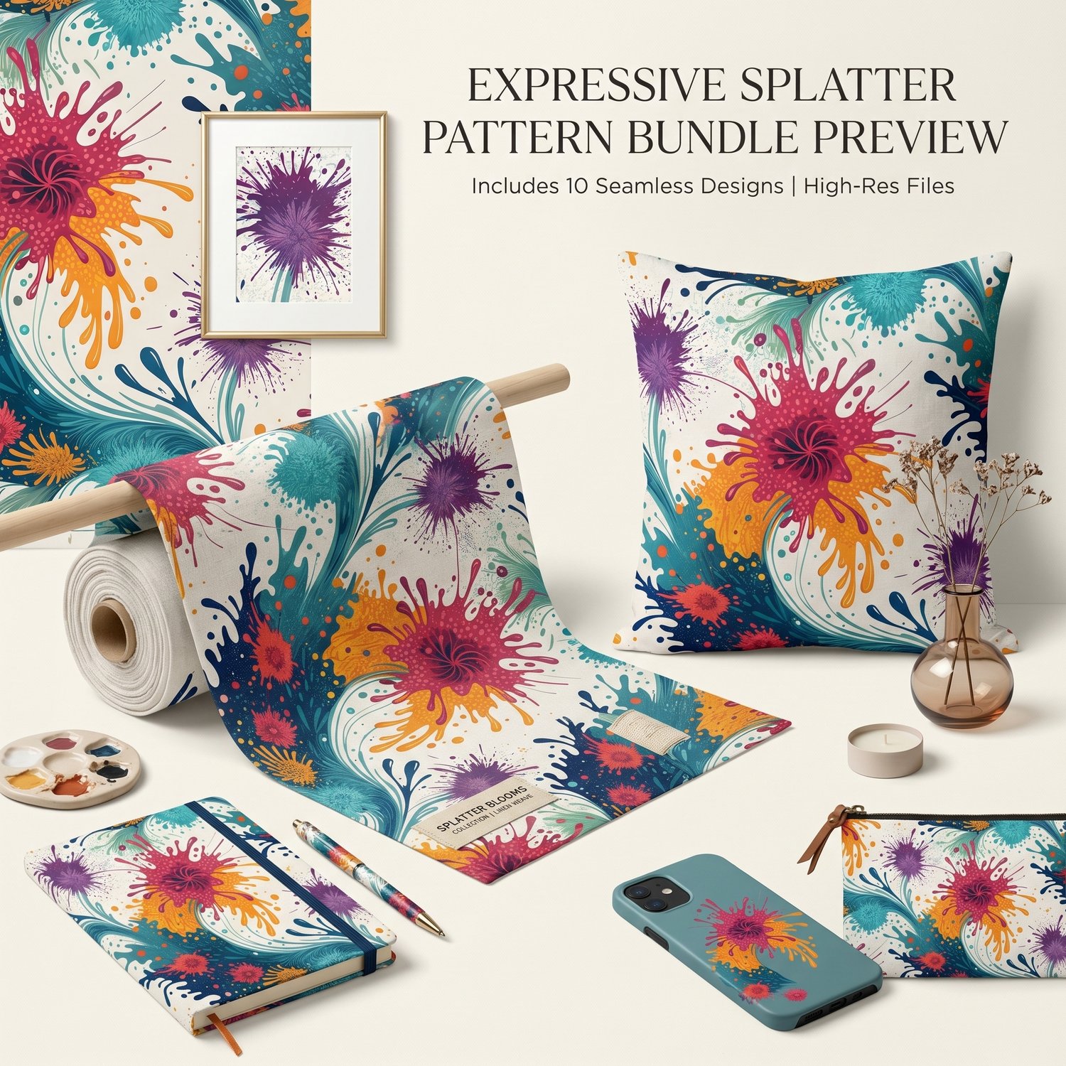 Colorful Paint Splash Floral Seamless Pattern Abstract Flower Wallpaper Texture for Fabric and Prints