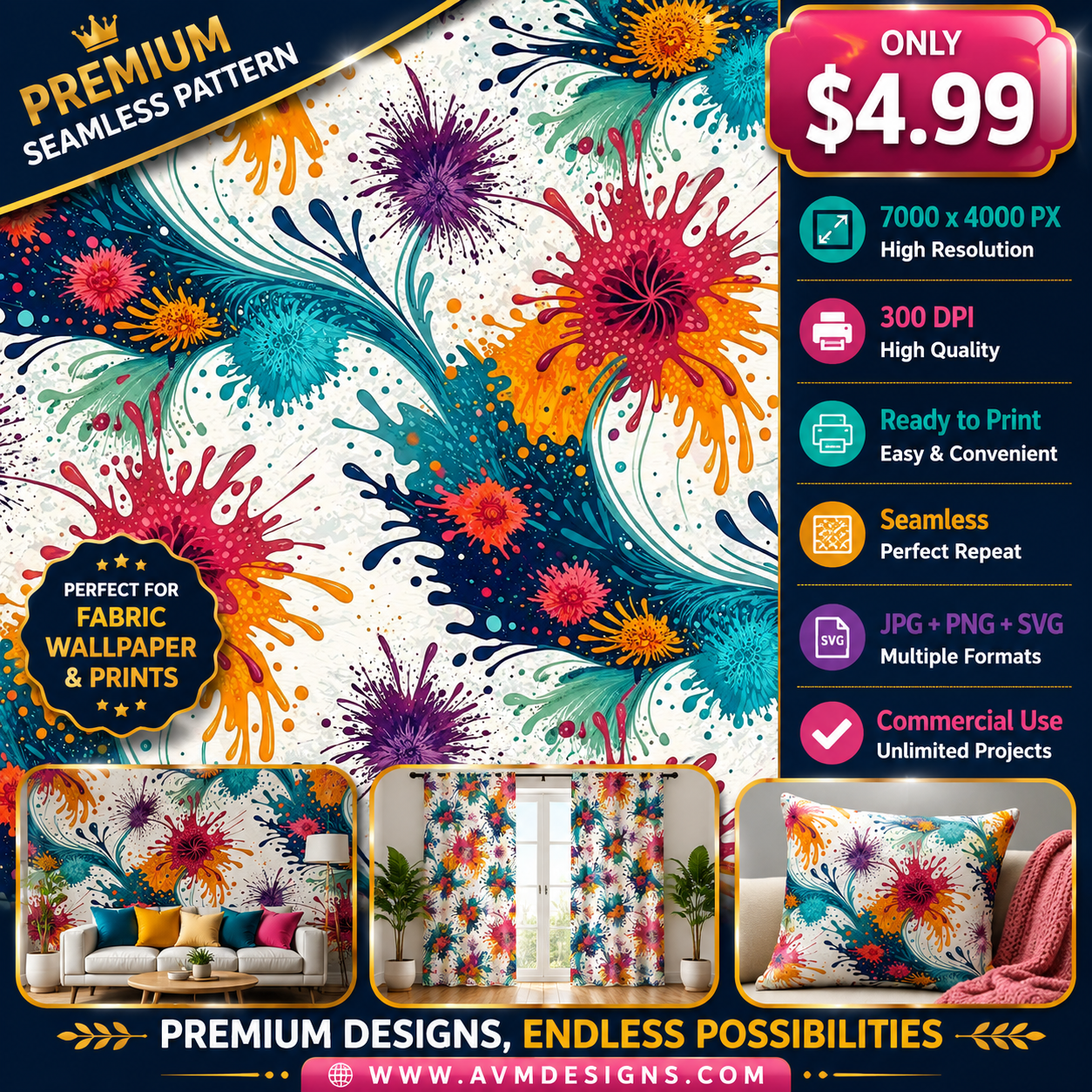 Colorful Paint Splash Floral Seamless Pattern Abstract Flower Wallpaper Texture for Fabric and Prints