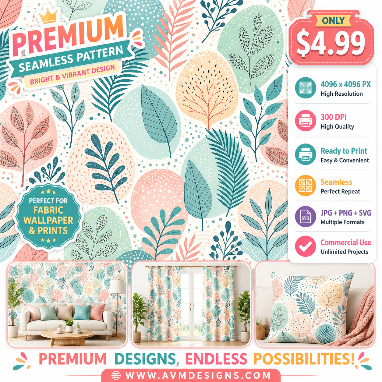 Pastel Botanical Leaves Seamless Pattern Abstract Nature Wallpaper Texture for Fabric and Prints