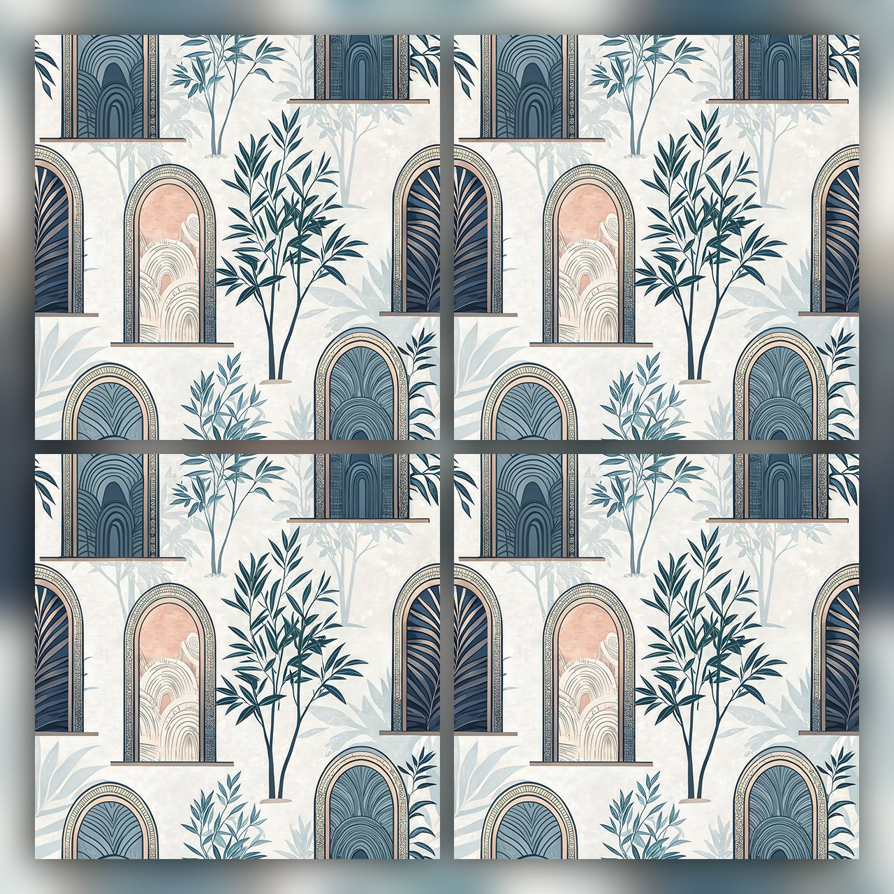 Botanical Arch Window Seamless Pattern Elegant Blue Green Wallpaper Texture for Fabric and Prints