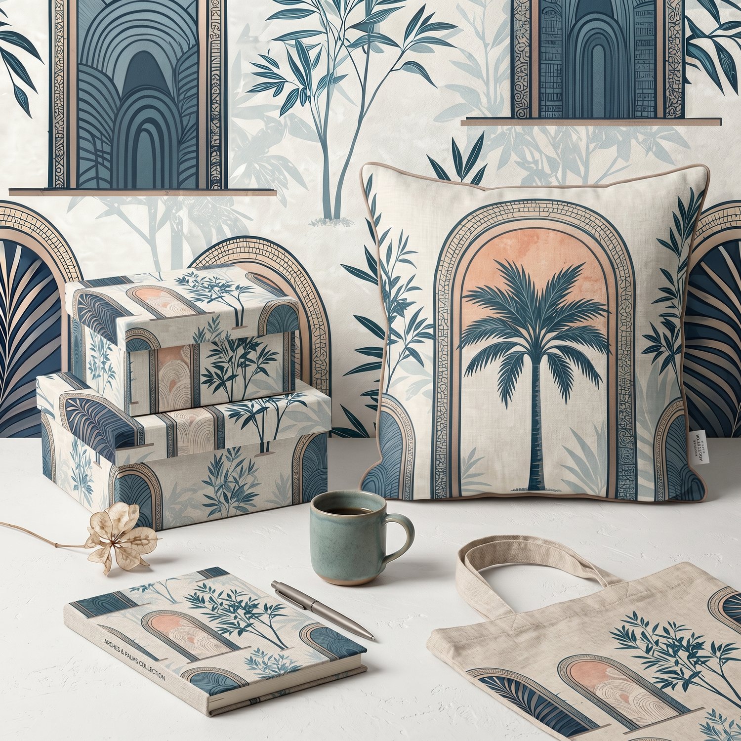 Botanical Arch Window Seamless Pattern Elegant Blue Green Wallpaper Texture for Fabric and Prints