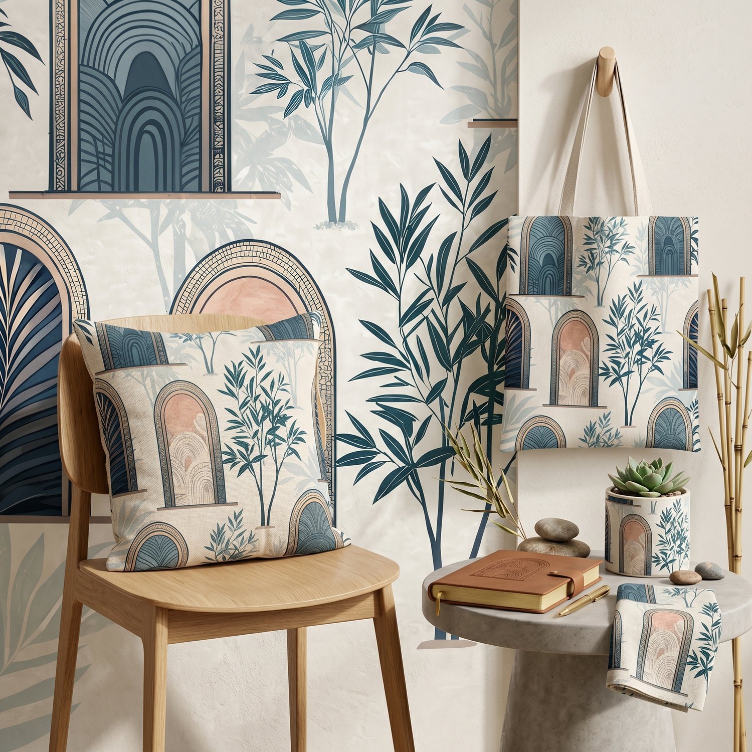 Botanical Arch Window Seamless Pattern Elegant Blue Green Wallpaper Texture for Fabric and Prints