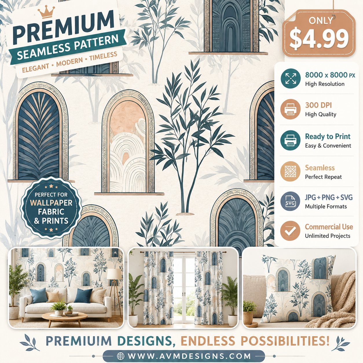 Botanical Arch Window Seamless Pattern Elegant Blue Green Wallpaper Texture for Fabric and Prints