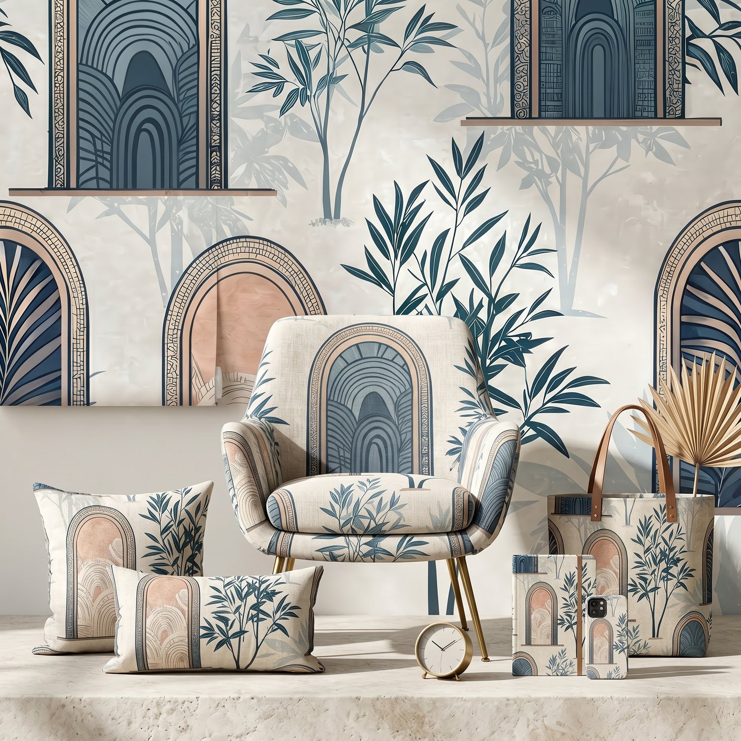 Botanical Arch Window Seamless Pattern Elegant Blue Green Wallpaper Texture for Fabric and Prints