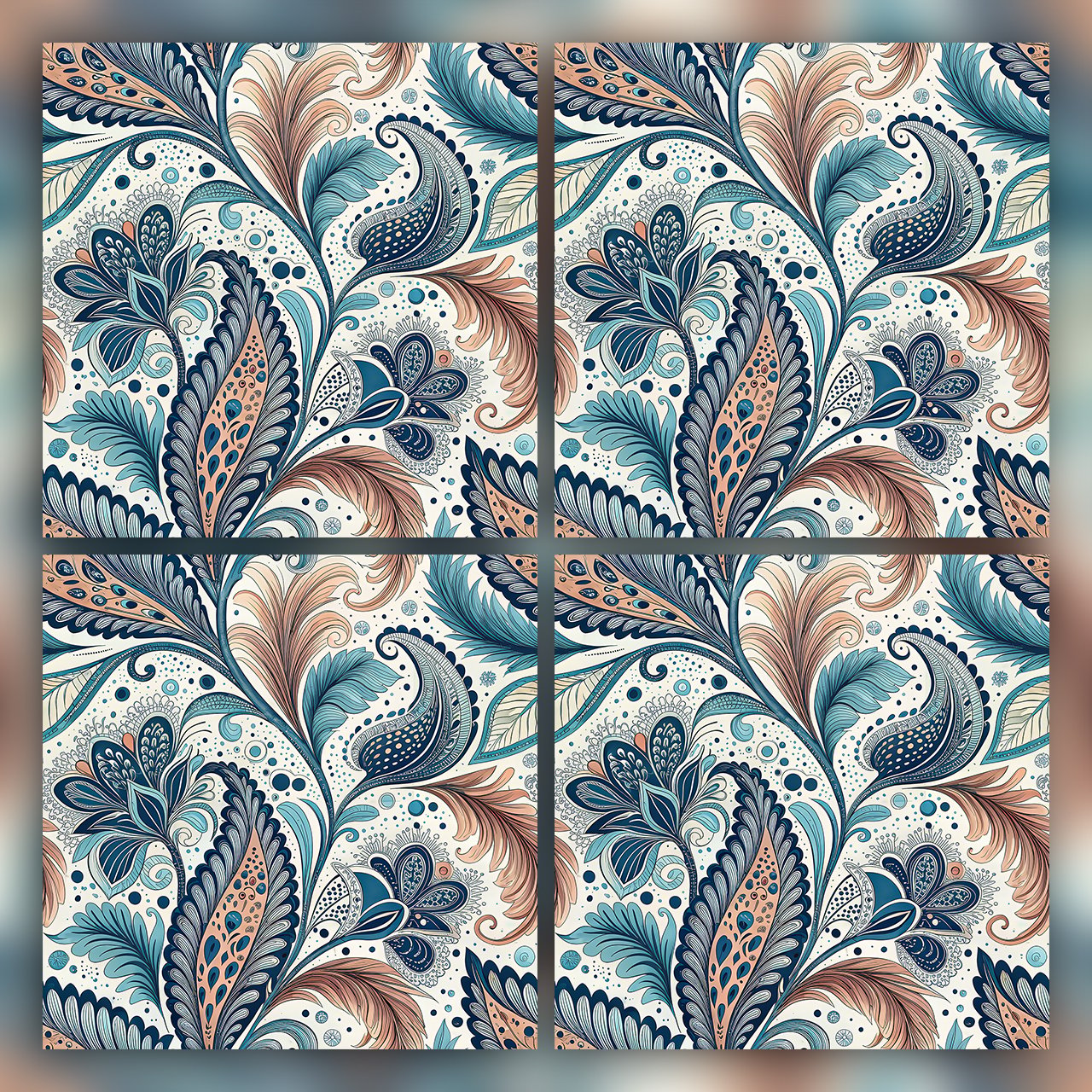 Boho Paisley Floral Seamless Pattern Teal Coral Abstract Wallpaper Texture for Fabric and Prints