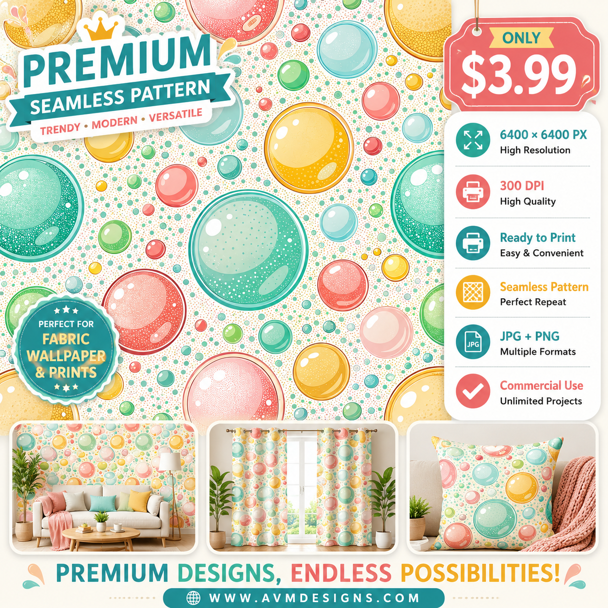 Colorful Bubble Seamless Pattern Pastel Glossy Circle Abstract Wallpaper Texture for Fabric and Prints
