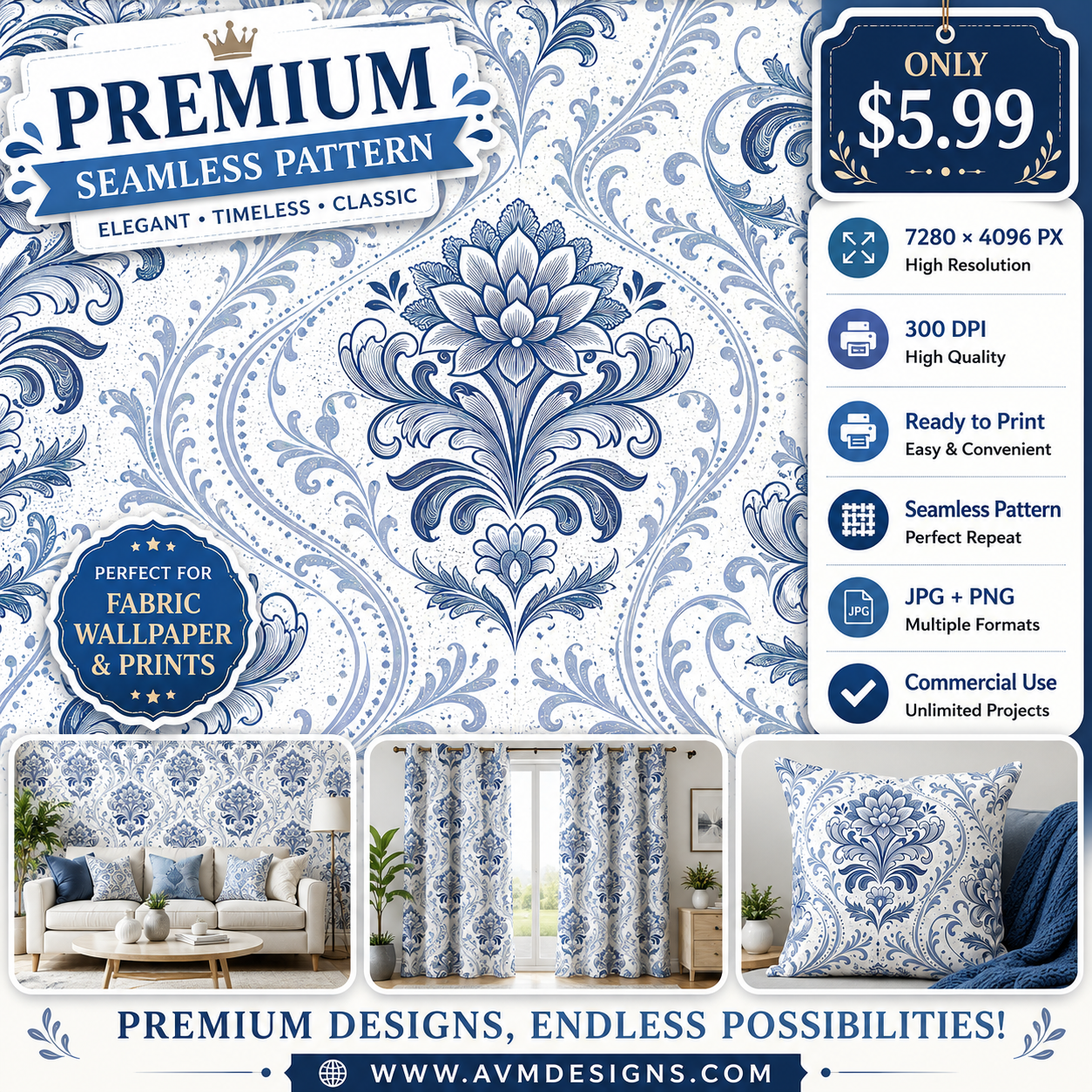 Blue Floral Damask Seamless Pattern Vintage Botanical Wallpaper Design for Fabric and Home Décor