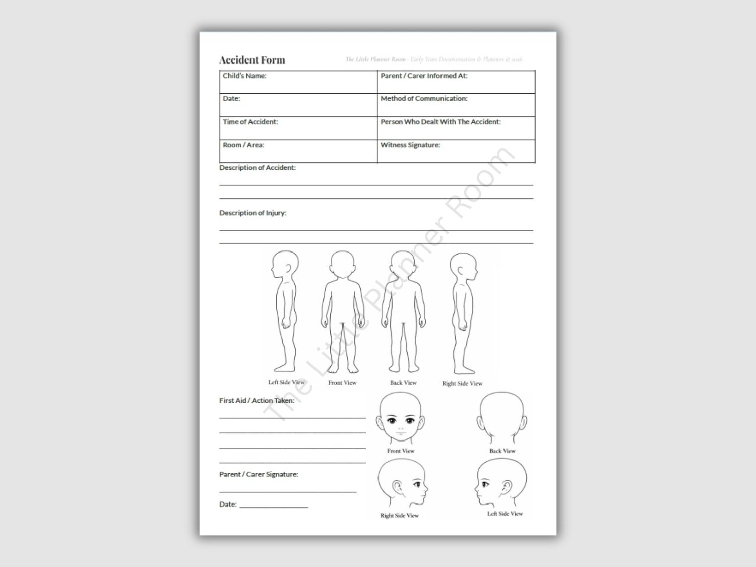 Nursery accident report form showing injury diagrams, accident details, and first aid section on a grey thumbnail background.