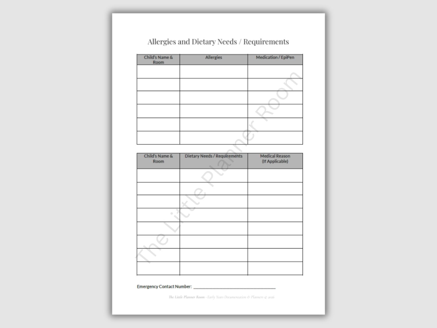 Printable EYFS allergies and dietary needs form with allergy table, dietary requirements table, and emergency contact section on a grey background.