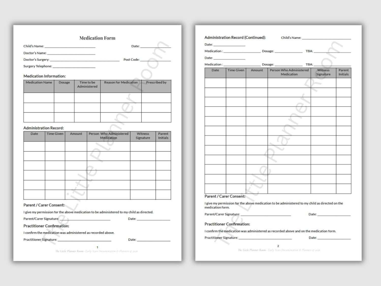 Printable EYFS medication form with medication details table, administration record, and consent sections on a grey background.