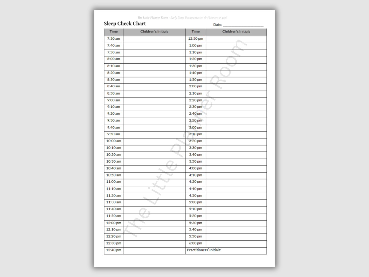 Printable EYFS sleep check chart with timed intervals and space for children’s initials on a grey background.