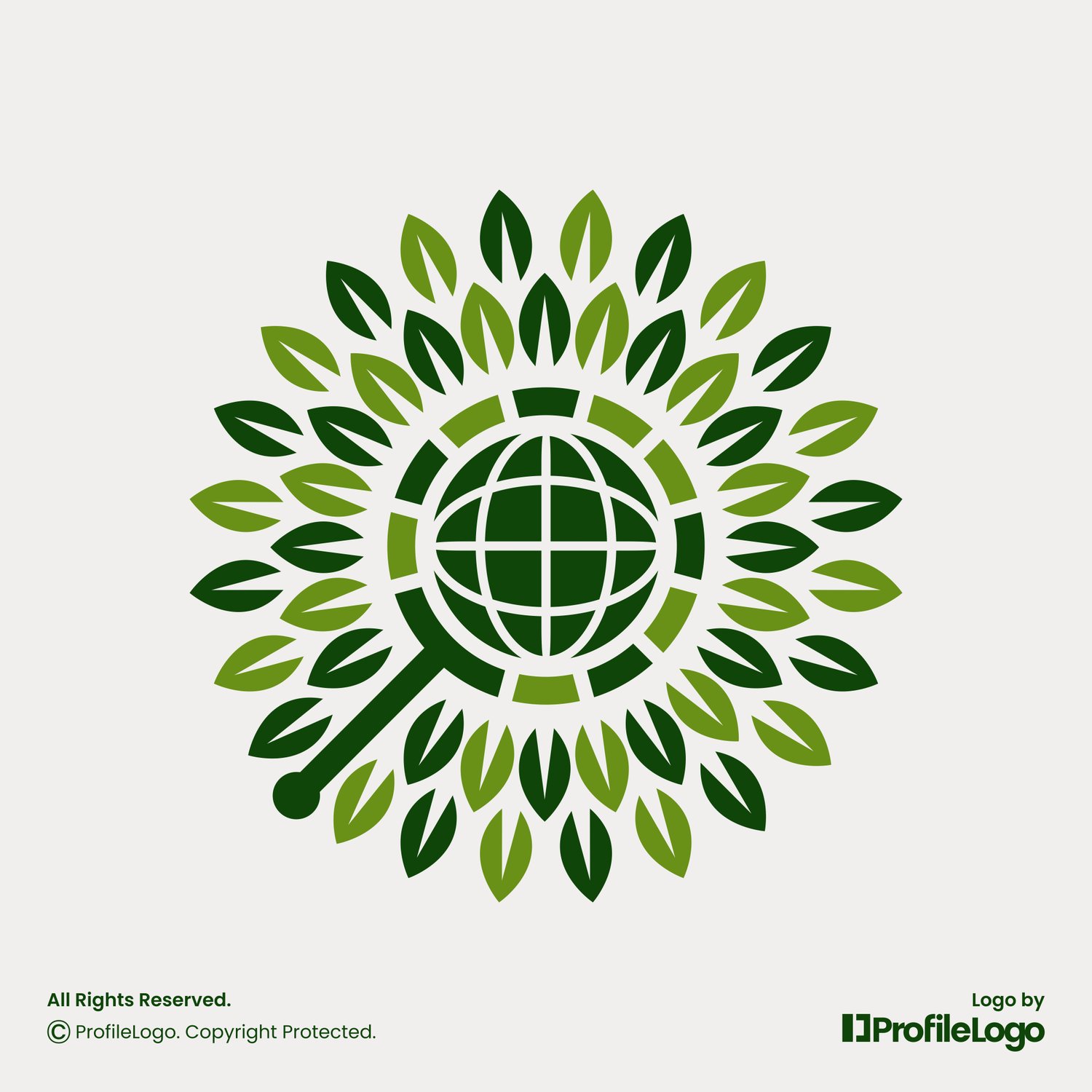 Magnifying glass globe leaf logo for sale by ProfileLogo with light grey background