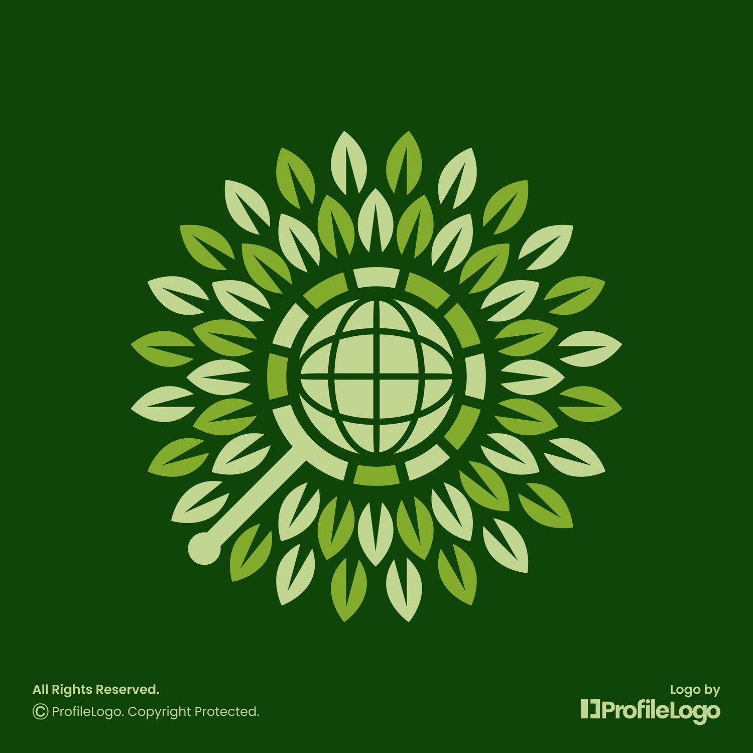 Magnifying glass globe leaf logo for sale by ProfileLogo with dark green background