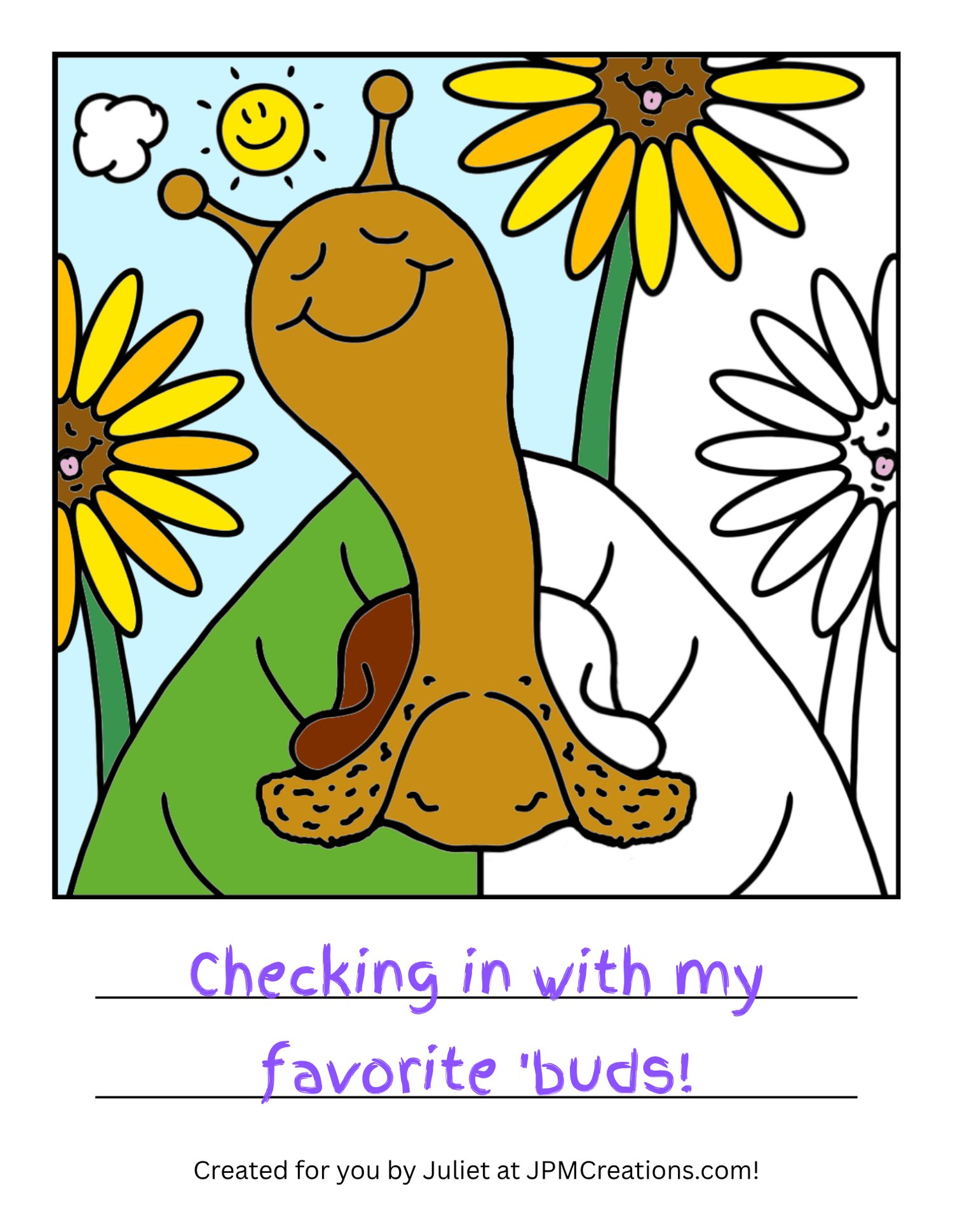 Cute Snail Sunflower Garden Chat Coloring Page (Partially Colored)