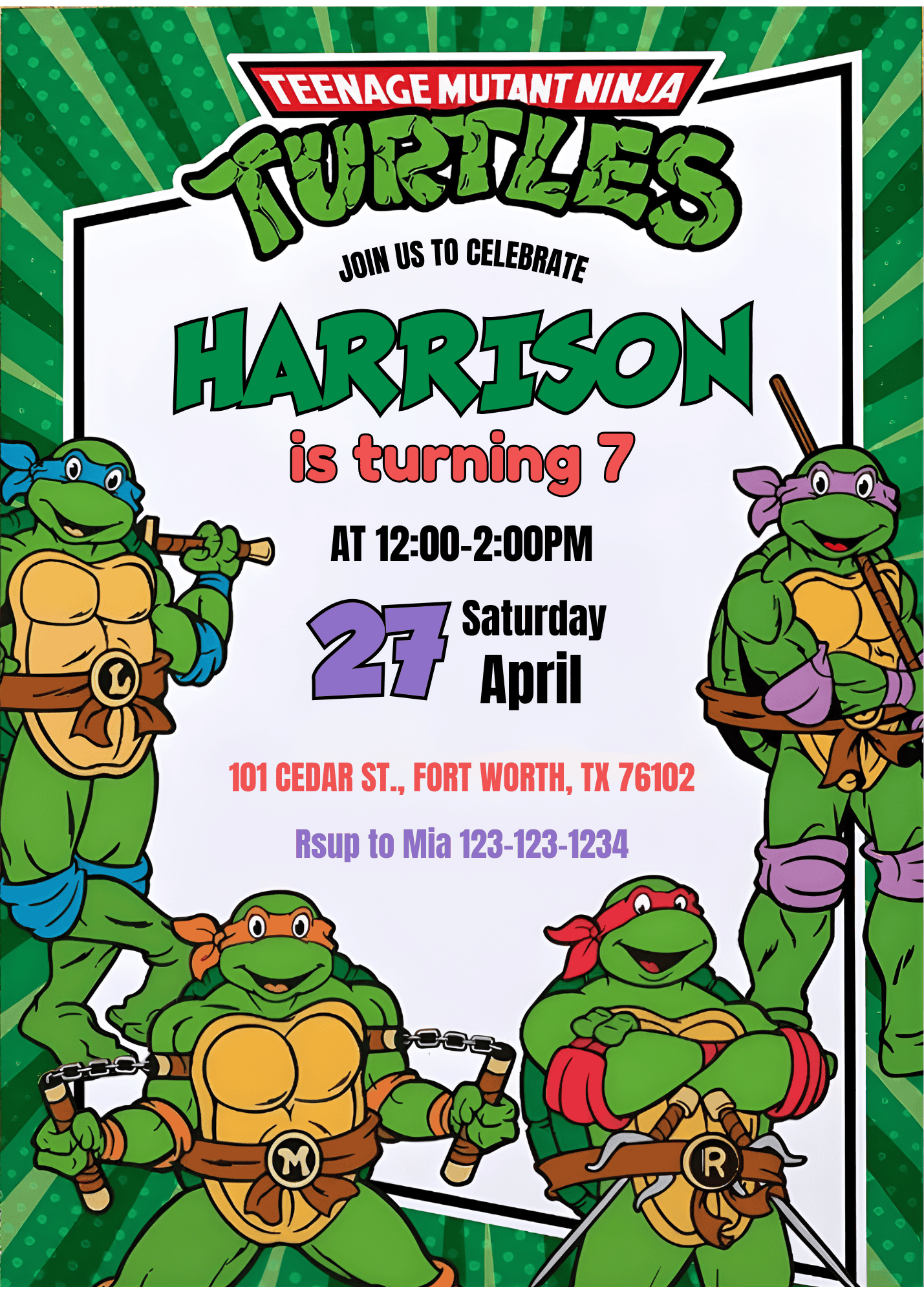 Teenage Mutant Ninja Turtles Birthday Invitation Canva Template - Editable 5x7 Digital Invite (Ref: TMN-INV-02)