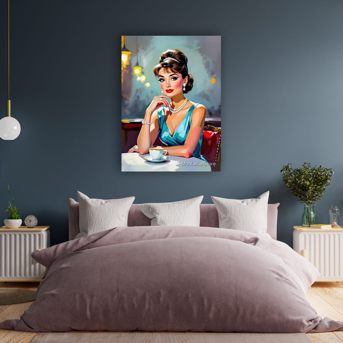 Portrait of Audrey Hepburn hanging above a bed digital download