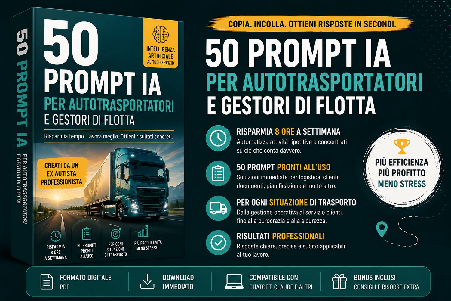 Camion moderno con ebook “50 Prompt IA per Trasportatori” su sfondo professionale blu e arancione.
