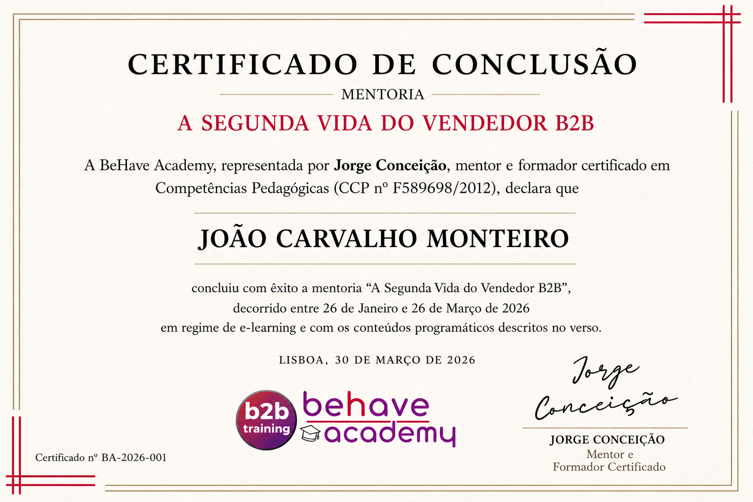 Certificado de conclusão da mentoria A Segunda Vida do Vendedor B2B.