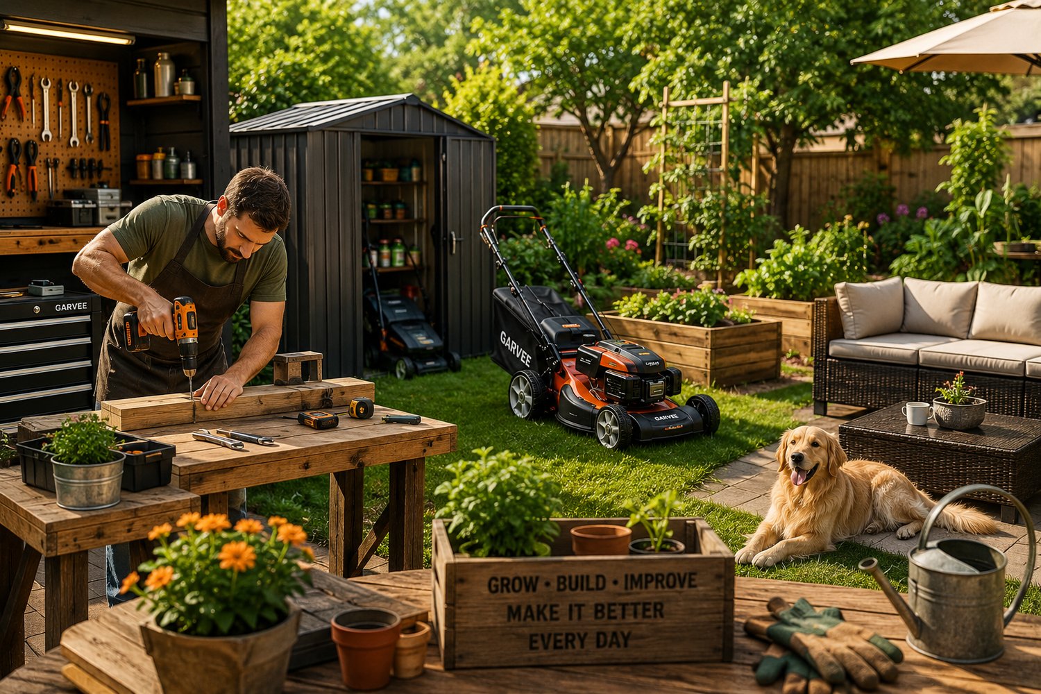 High-end backyard patio design featuring modern raised wooden garden beds with tomatoes, a sleek pergola, and a couple enjoying an outdoor living space.