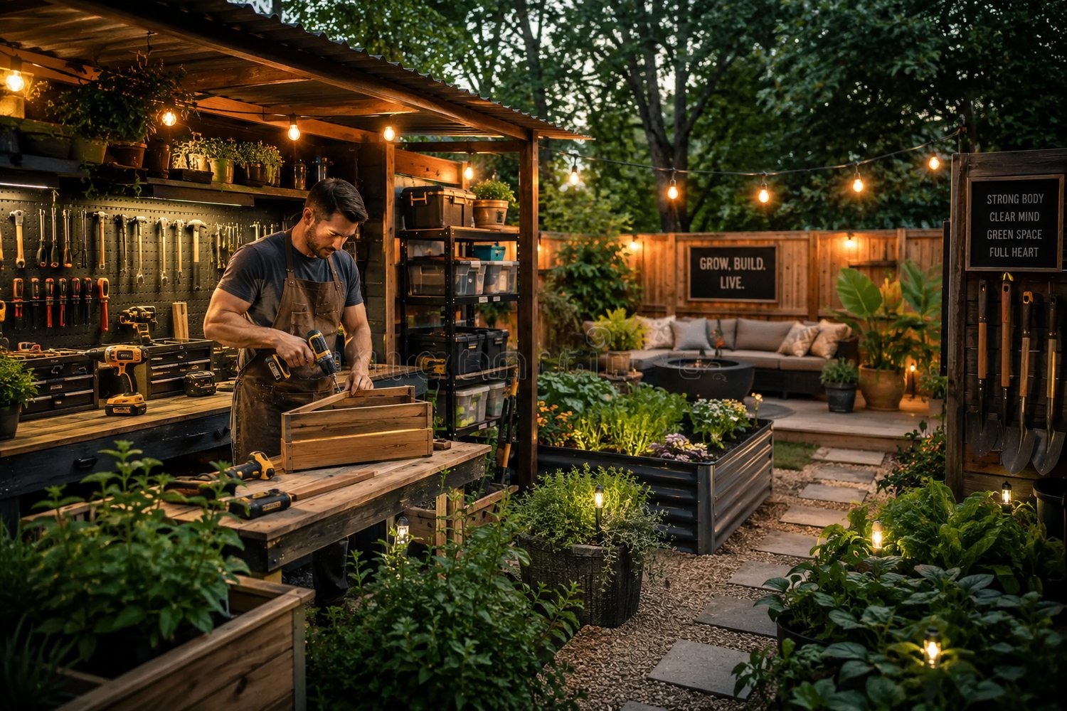 A male DIYer in a leather apron using a power drill at a rustic wooden workbench in a twilight garden setting with string lights and raised vegetable beds.