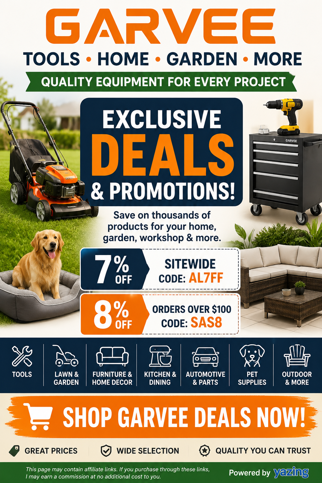 Home improvement affiliate marketing banner with category icons for tools, lawn and garden, furniture, pet supplies, and automotive parts.