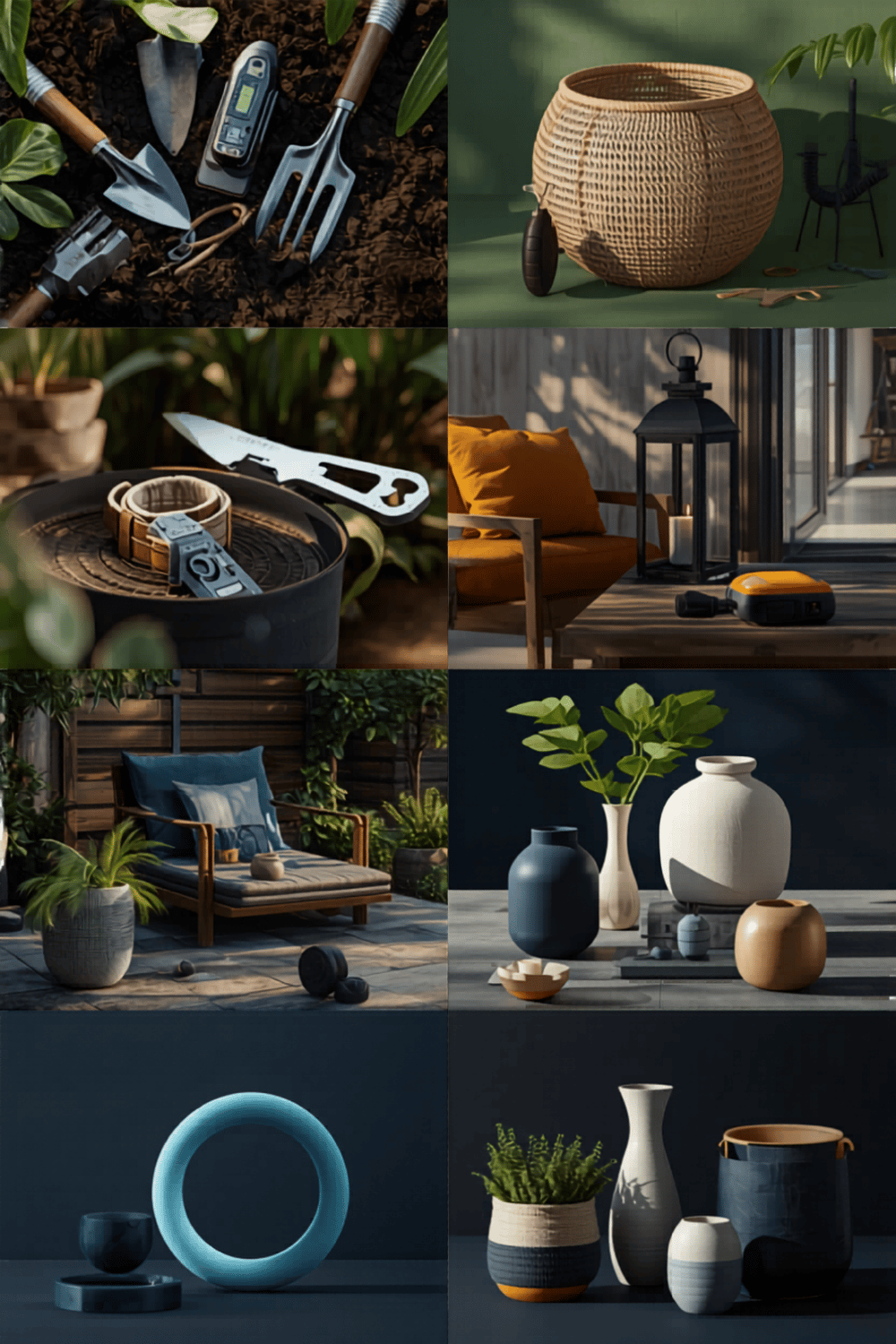 Minimalist product showcase grid featuring gardening hand tools, woven baskets, outdoor lanterns, modern ceramic vases, and patio lounge chairs.