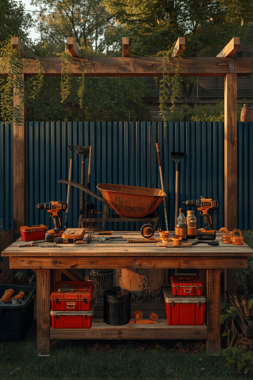 Rustic outdoor garden tool organization station with power drills, red toolboxes, and gardening equipment arranged under a wooden pergola.
