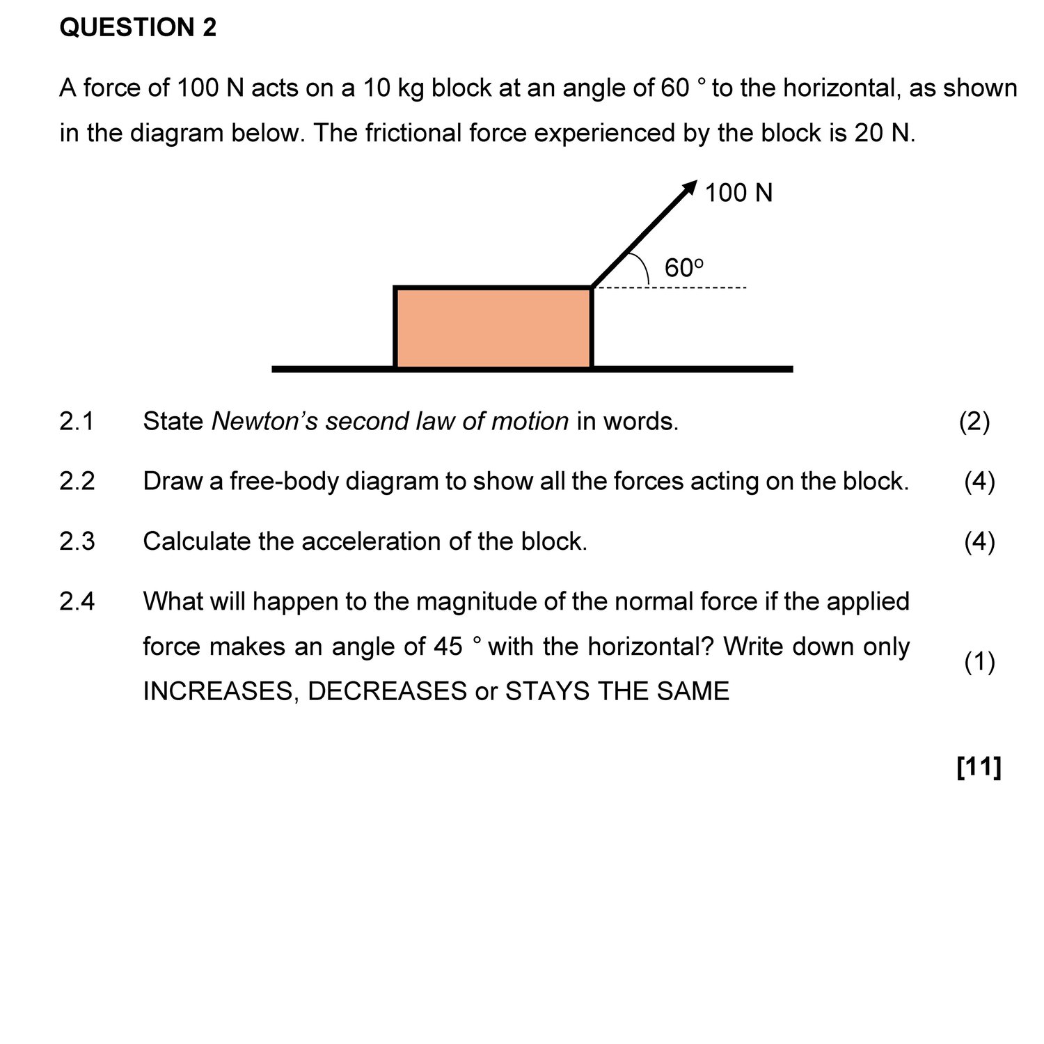 Newton’s Laws of Motion Grade 11 Physical Sciences test questions with calculations and free-body diagrams