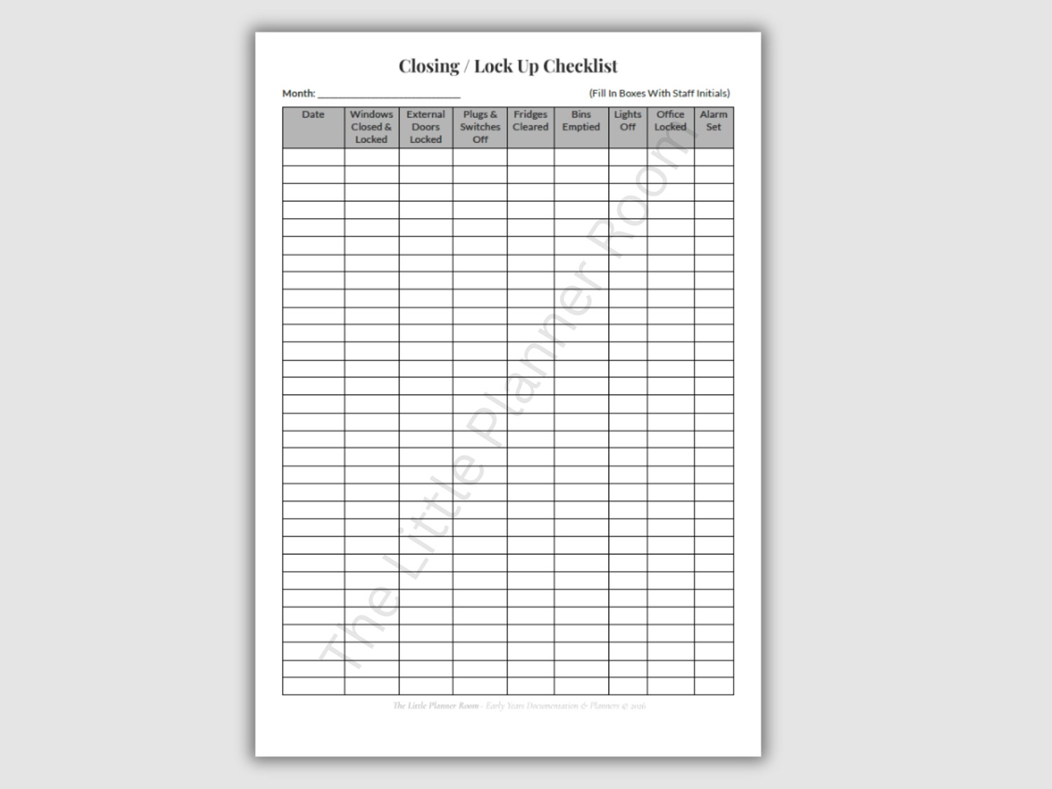 Closing and Lock Up Checklist printable PDF for EYFS settings, featuring a monthly table with columns for date, windows locked, external doors locked, plugs and switches off, fridges cleared, bins emptied, lights off, office locked, and alarm set.