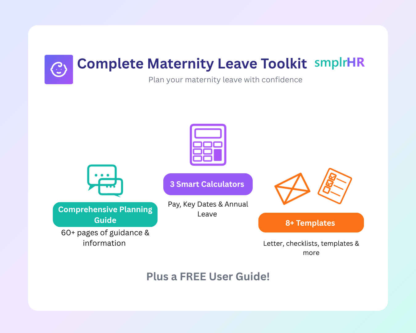 Complete Maternity Leave Toolkit cover image displaying what's inside the toolkit. Text reads  comprehensive planning guide, 60+ pages of guidance and information, 3 smart calculators - pay, key dates and annual leave, and 8+ templates - letters, checklis