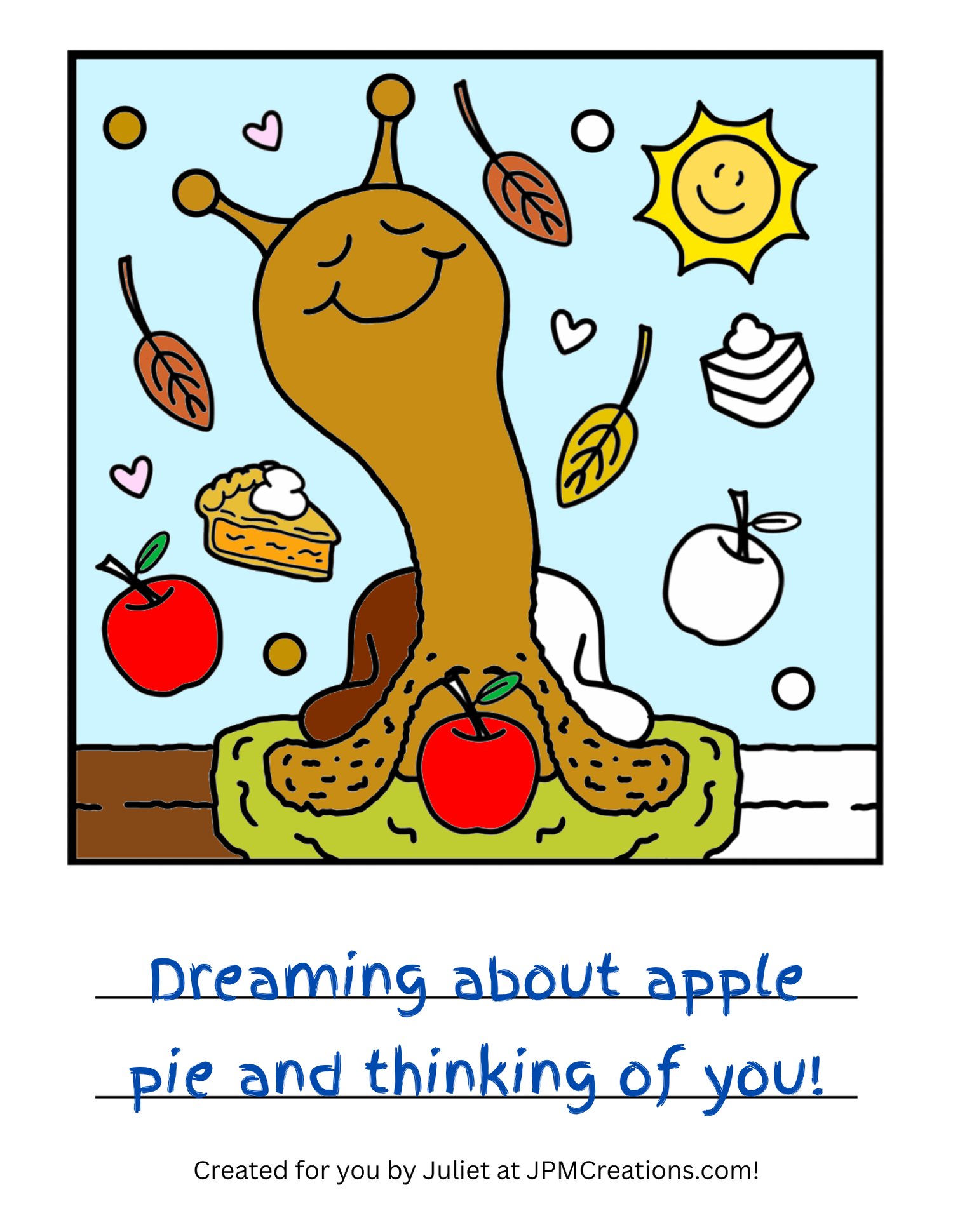 Cute Snail Apple-y Sweet Smiles Fall Coloring Page (Letter Size) (Partially Colored
