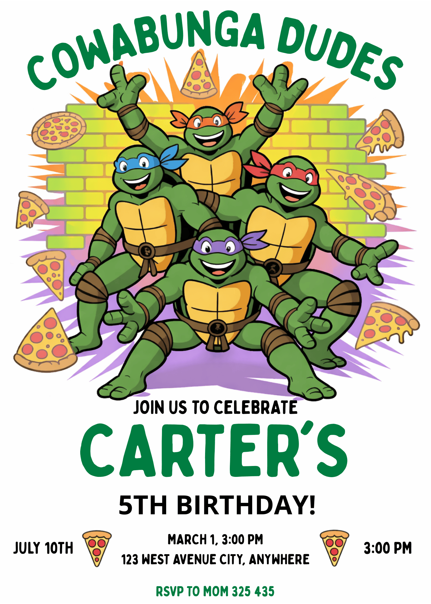 Teenage Mutant Ninja Turtles Birthday Invitation Canva Template - Editable 5x7 Digital Invite (Ref: TMN-INV-01)