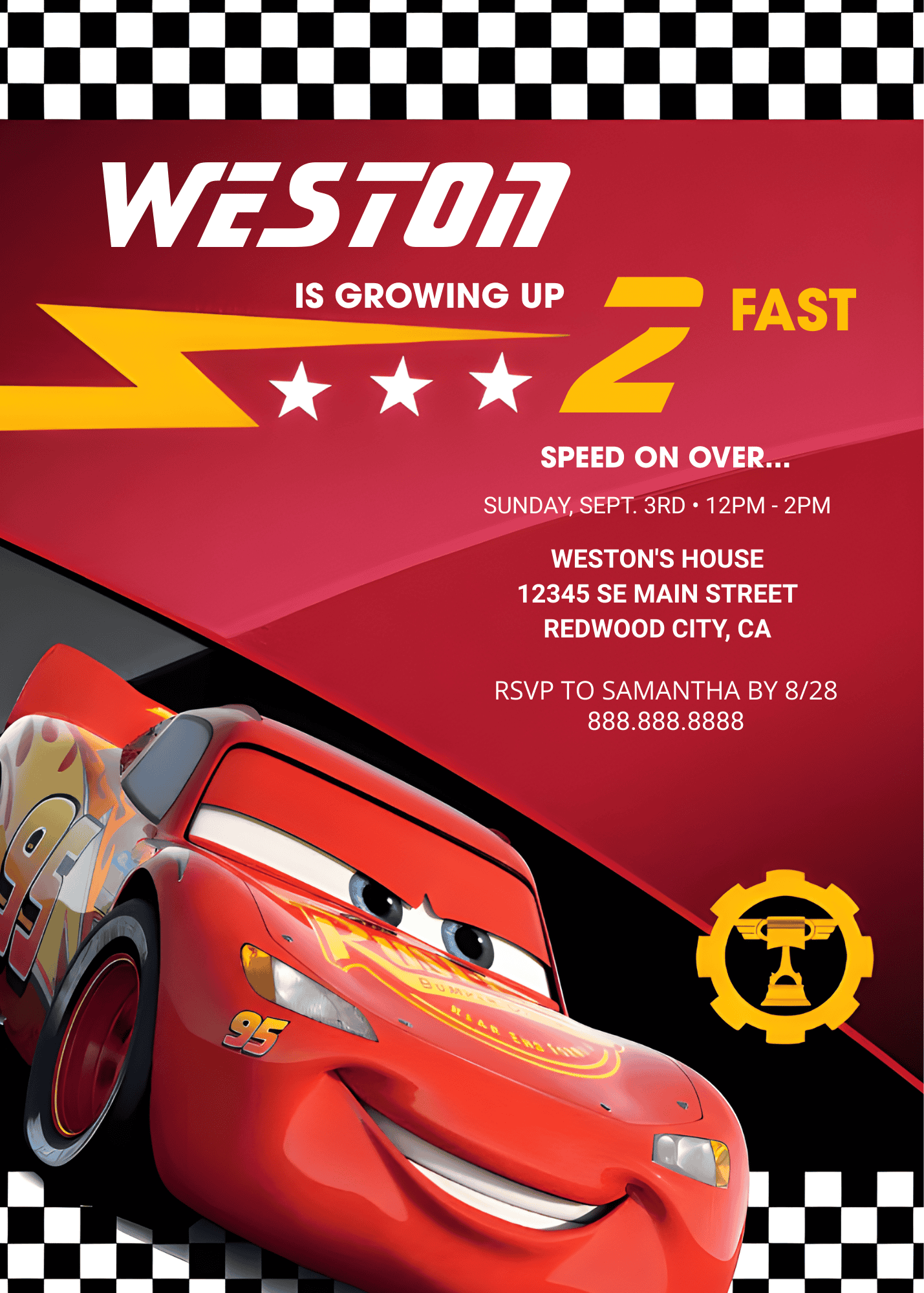 Cars Lightning McQueen Birthday Invitation Canva Template - Editable 5x7 Digital Invite (Ref: LMQ-INV-03)