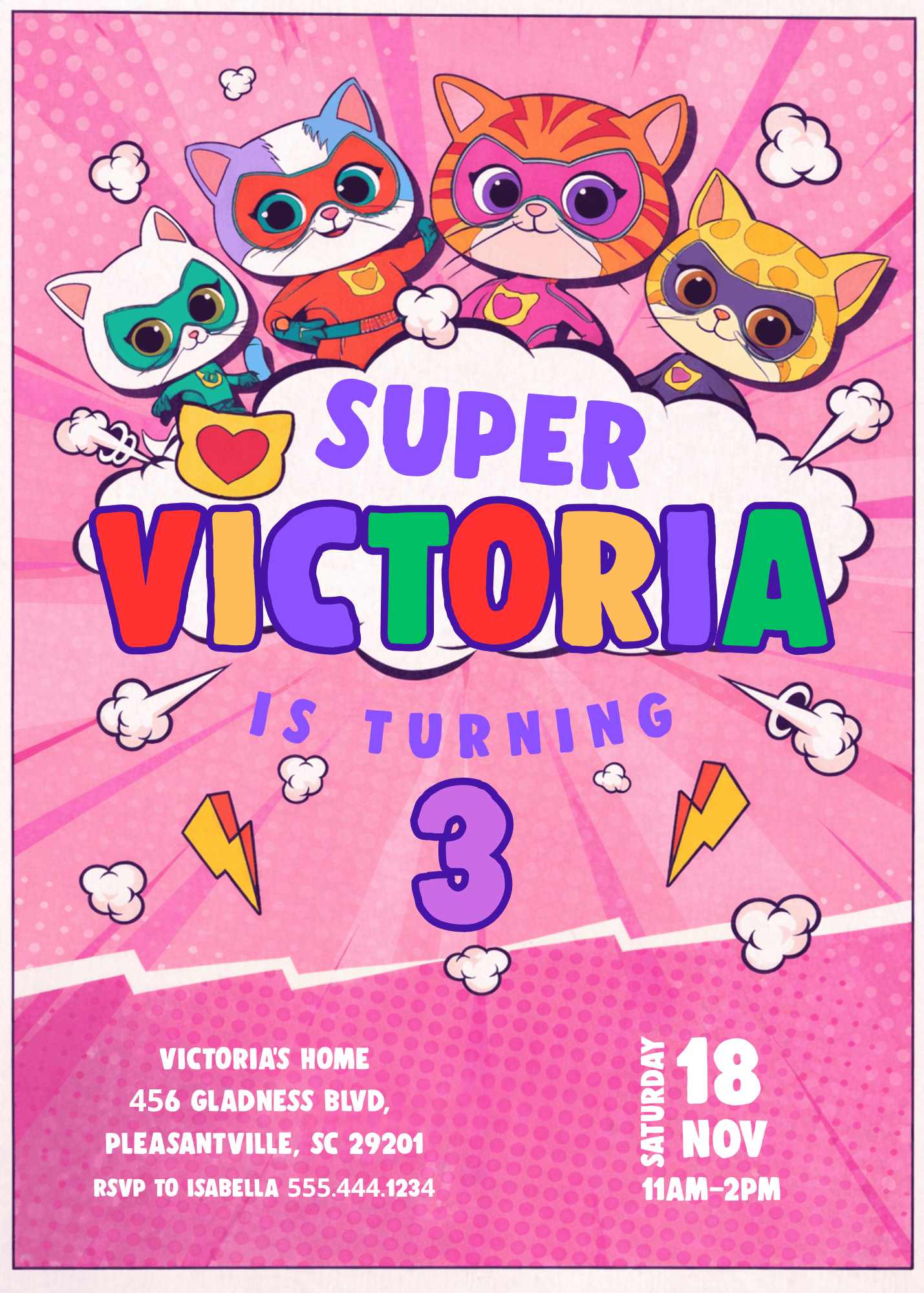 Super Kitties Birthday Invitation Canva Template - Editable 5x7 Digital Invite (Ref: SKT-INV-03)