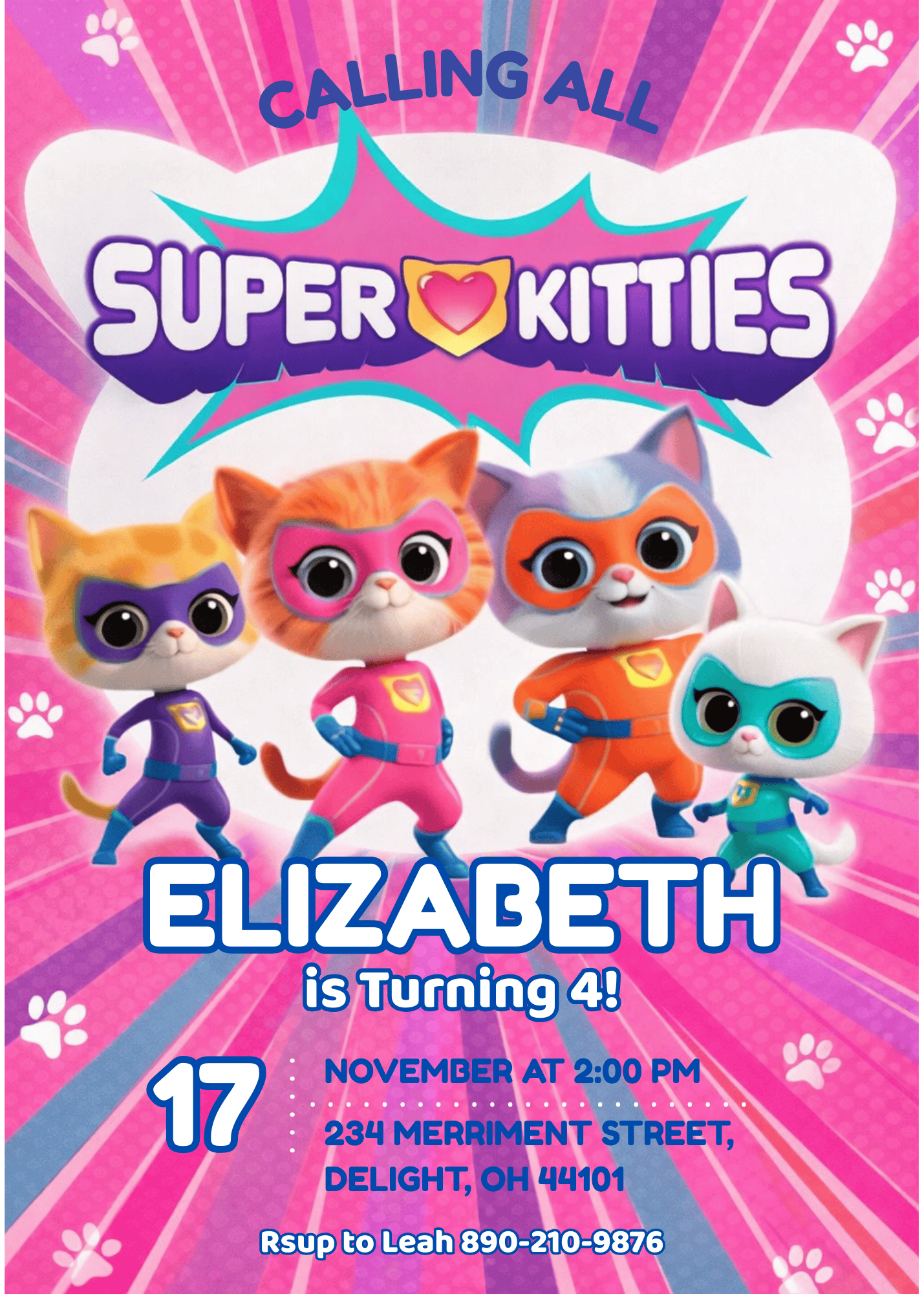 Super Kitties Birthday Invitation Canva Template - Editable 5x7 Digital Invite (Ref: SKT-INV-02)