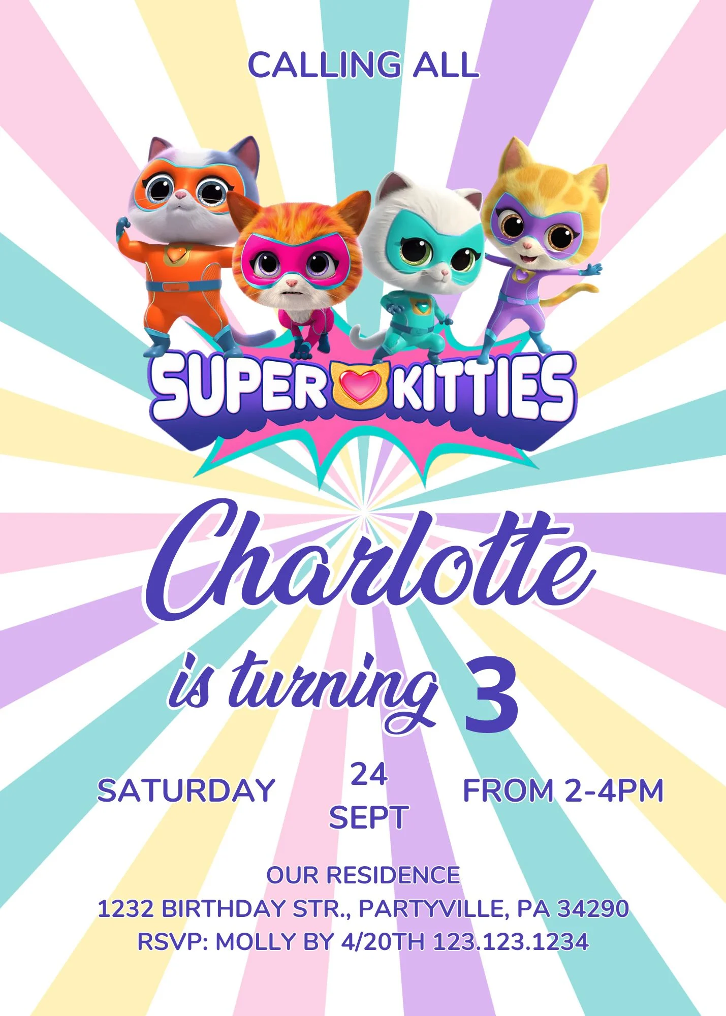 Super Kitties Birthday Invitation Canva Template - Editable 5x7 Digital Invite (Ref: SKT-INV-01)