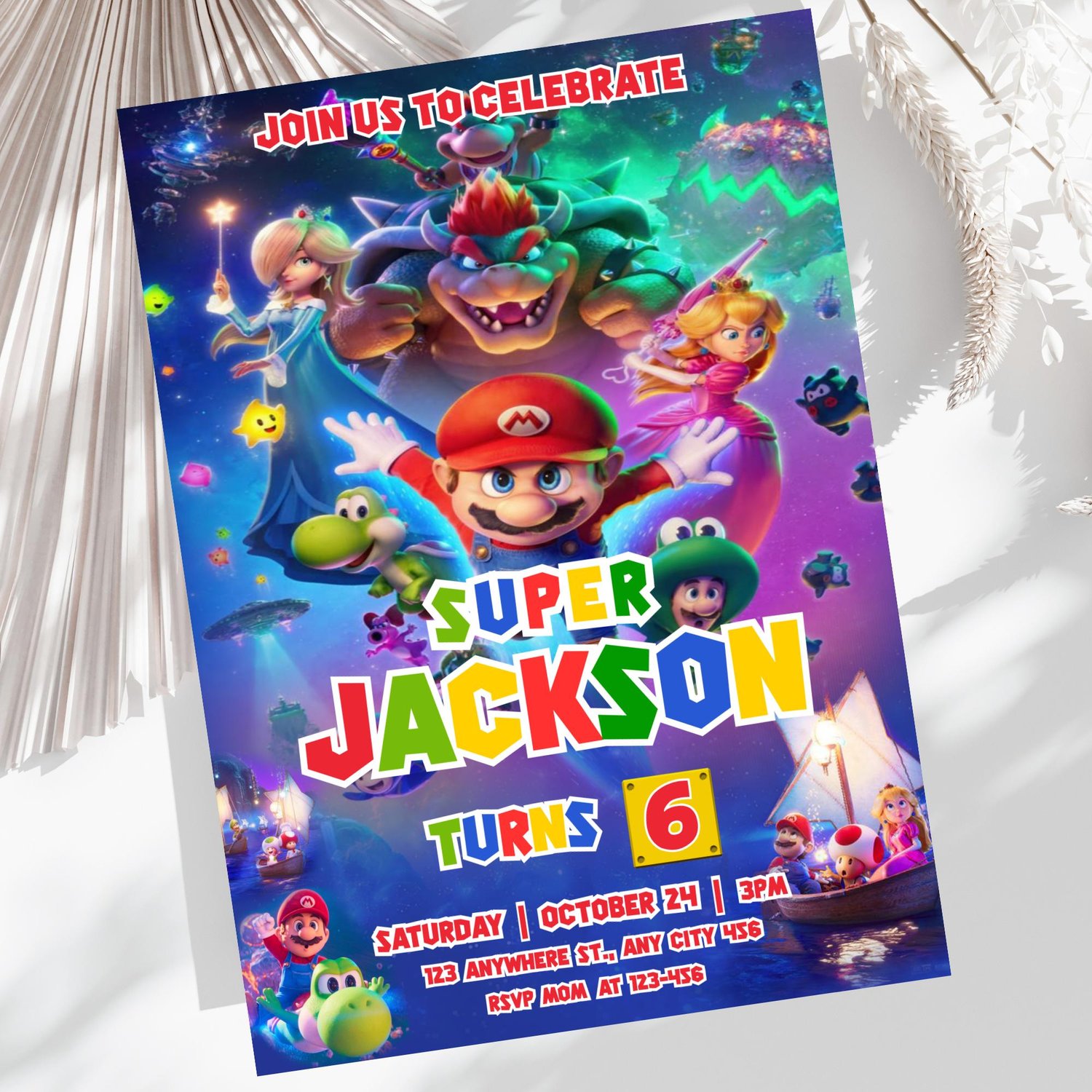 A step-by-step graphic titled How It Works, showing how to download the digital Mario invitation PDF and access the template instantly.