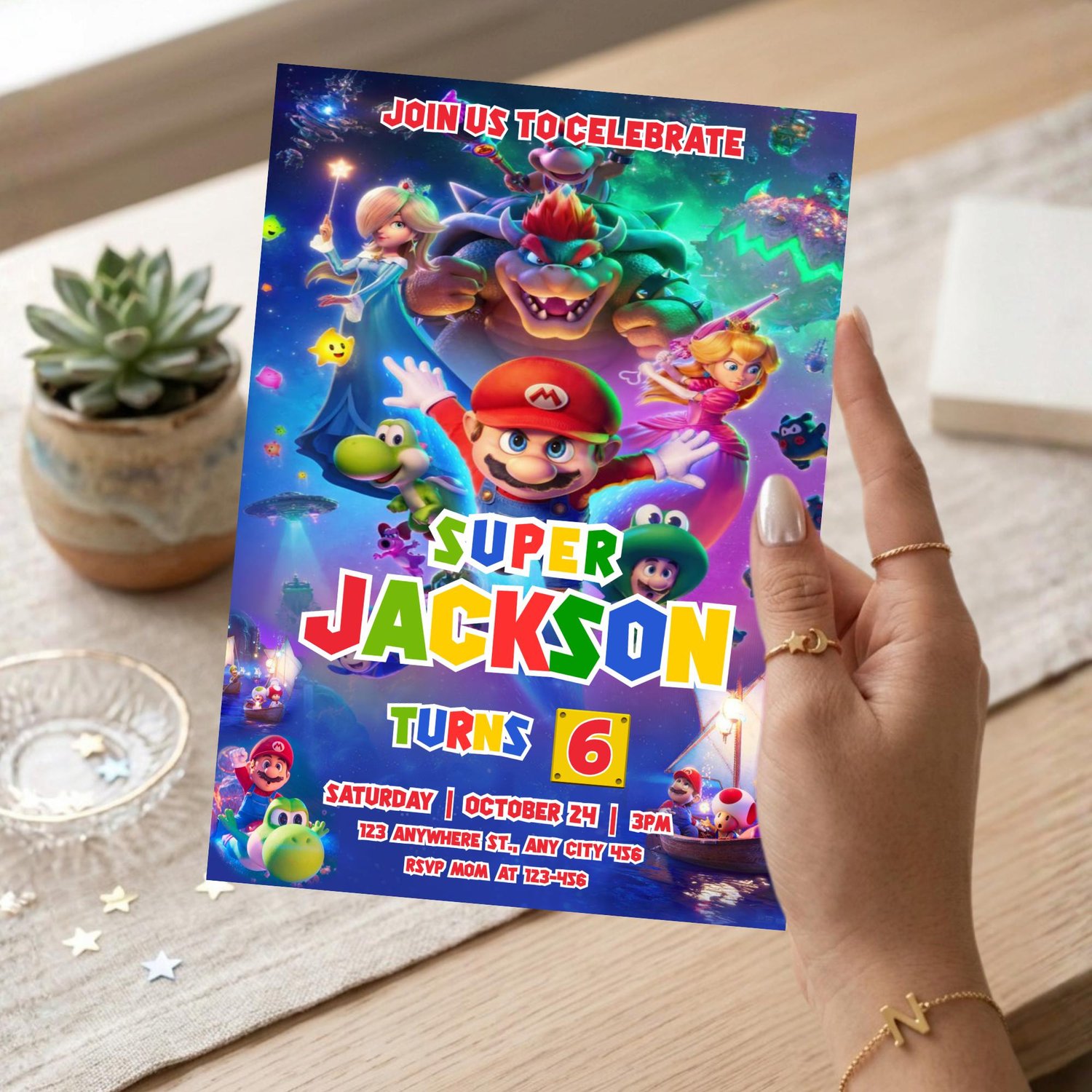 A 5x7 Super Mario birthday invitation template displayed on a clean background, showing Mario, Luigi, and Bowser with editable text fields for a kids party layout.